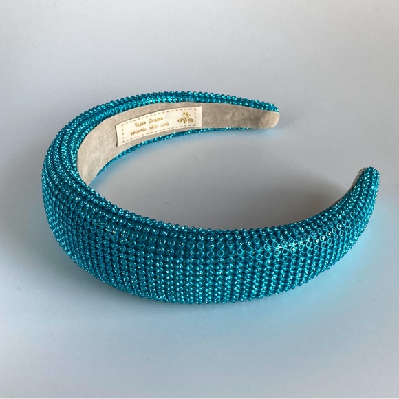 Padded 1.5” Headband with Aquamarine Rhinestone Aluminum Mesh Overlay Handmade - Picture 8 of 8